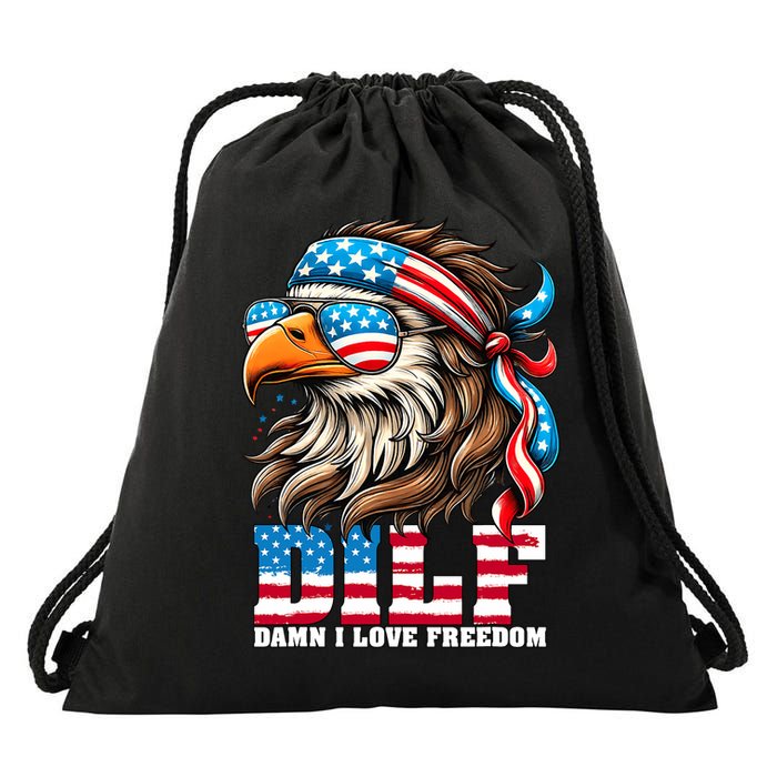 Dilf Damn I Love Freedom Eagle Mullet Funny 4th Of July Drawstring Bag