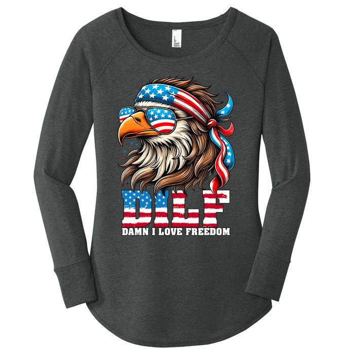 Dilf Damn I Love Freedom Eagle Mullet Funny 4th Of July Women's Perfect Tri Tunic Long Sleeve Shirt