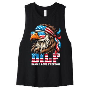 Dilf Damn I Love Freedom Eagle Mullet Funny 4th Of July Women's Racerback Cropped Tank