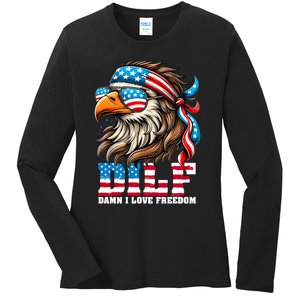 Dilf Damn I Love Freedom Eagle Mullet Funny 4th Of July Ladies Long Sleeve Shirt