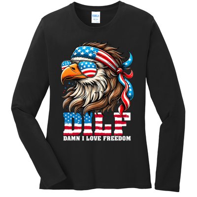 Dilf Damn I Love Freedom Eagle Mullet Funny 4th Of July Ladies Long Sleeve Shirt