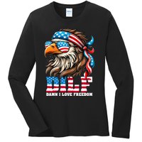 Dilf Damn I Love Freedom Eagle Mullet Funny 4th Of July Ladies Long Sleeve Shirt