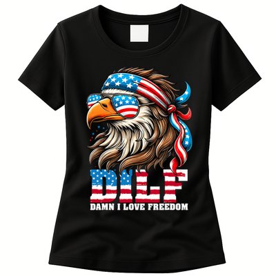 Dilf Damn I Love Freedom Eagle Mullet Funny 4th Of July Womens T-Shirt