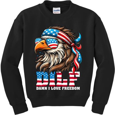 Dilf Damn I Love Freedom Eagle Mullet Funny 4th Of July Kids Sweatshirt