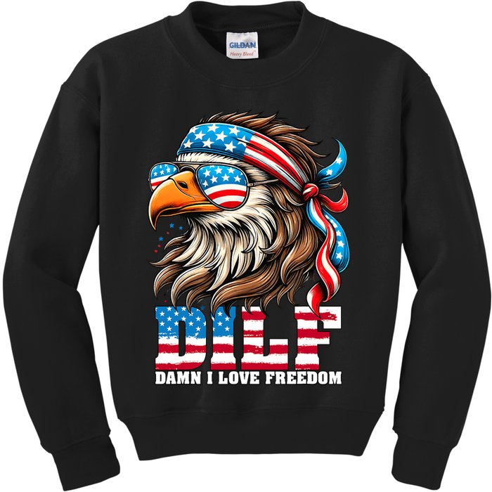 Dilf Damn I Love Freedom Eagle Mullet Funny 4th Of July Kids Sweatshirt
