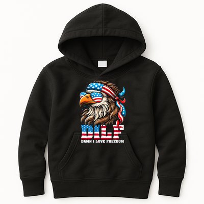 Dilf Damn I Love Freedom Eagle Mullet Funny 4th Of July Kids Hoodie