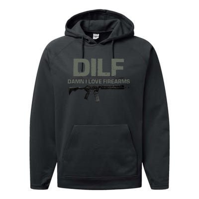 DILF Damn I Love Firearms Funny Performance Fleece Hoodie