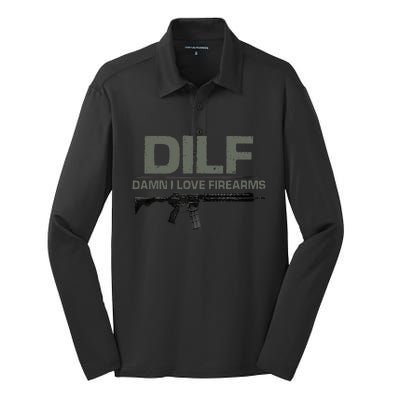 DILF Damn I Love Firearms Funny Silk Touch Performance Long Sleeve Polo