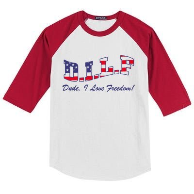 DILF Dude I Love Freedom Funny USA 4th July Flag Party Free Kids Colorblock Raglan Jersey