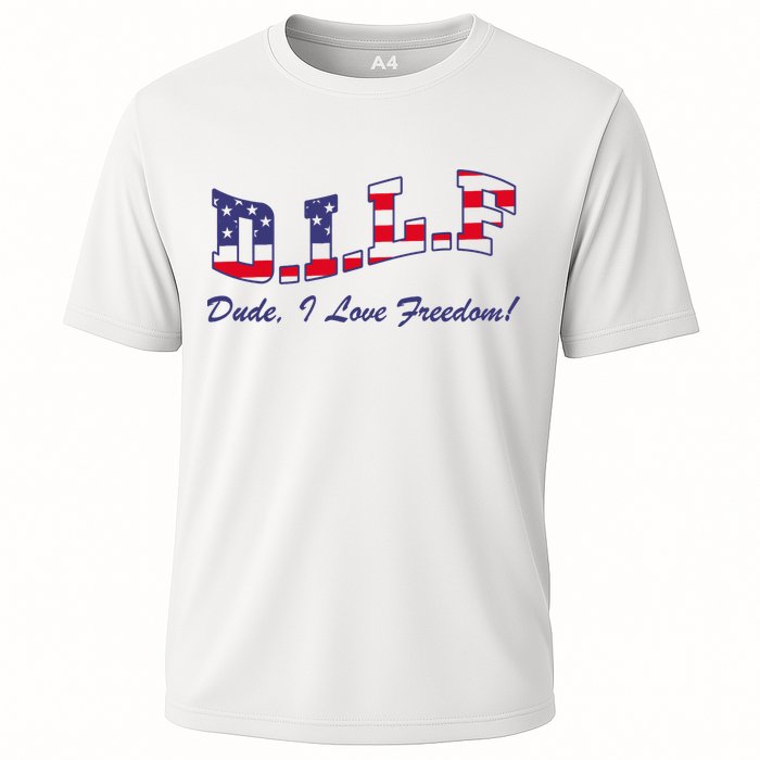 DILF Dude I Love Freedom Funny USA 4th July Flag Party Free Cooling Performance Crew T-Shirt