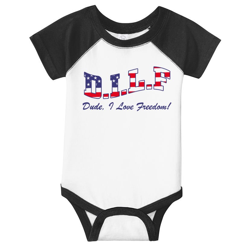 DILF Dude I Love Freedom Funny USA 4th July Flag Party Free Infant Baby Jersey Bodysuit