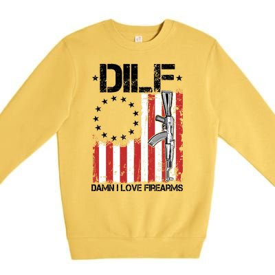 DILF Damn I Love Firearms Distressed USA American Flag Premium Crewneck Sweatshirt