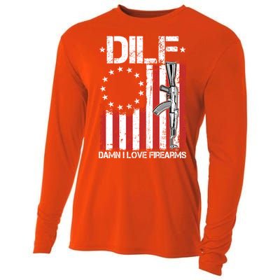 DILF Damn I Love Firearms Distressed USA American Flag Cooling Performance Long Sleeve Crew