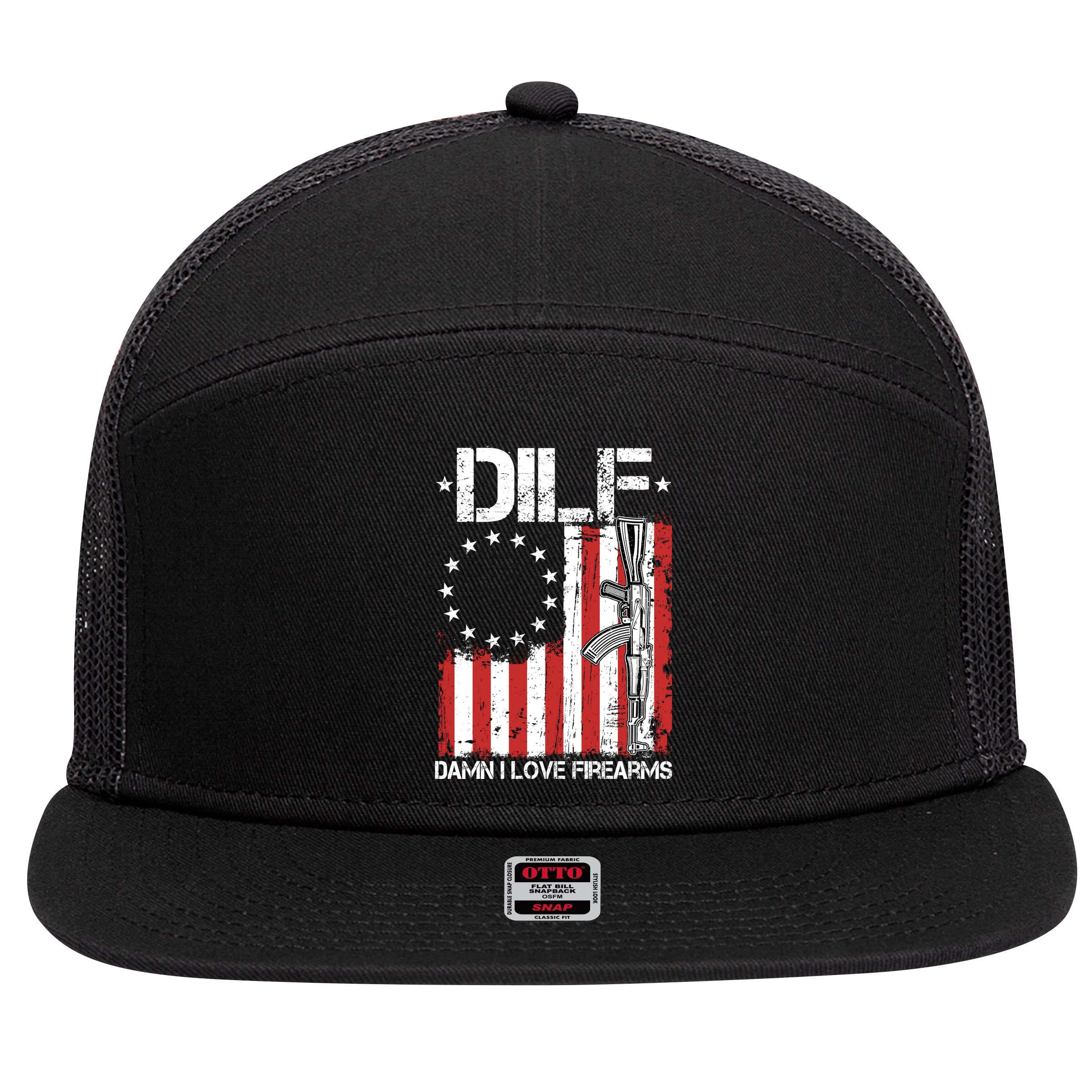 DILF Damn I Love Firearms Distressed USA American Flag 7 Panel Mesh Trucker Snapback Hat
