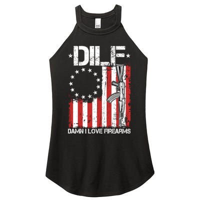 DILF Damn I Love Firearms Distressed USA American Flag Women's Perfect Tri Rocker Tank