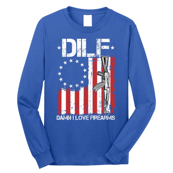 DILF Damn I Love Firearms Distressed USA American Flag Long Sleeve Shirt