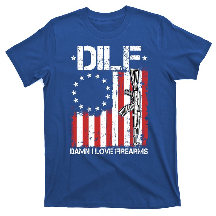 DILF Damn I Love Firearms Distressed USA American Flag T-Shirt