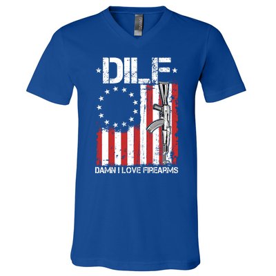 DILF Damn I Love Firearms Distressed USA American Flag V-Neck T-Shirt