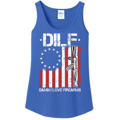 DILF Damn I Love Firearms Distressed USA American Flag Ladies Essential Tank