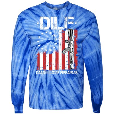 DILF Damn I Love Firearms Distressed USA American Flag Tie-Dye Long Sleeve Shirt