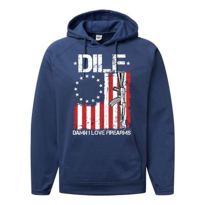 DILF Damn I Love Firearms Distressed USA American Flag Performance Fleece Hoodie