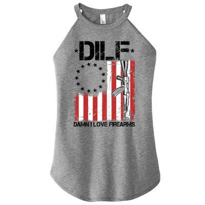 DILF Damn I Love Firearms Distressed USA American Flag Women’s Perfect Tri Rocker Tank