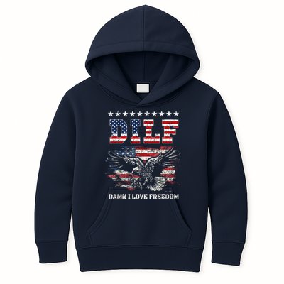 Dilf Damn I Love Freedom Eagle Funny Patriotic 4th Of July Kids Hoodie