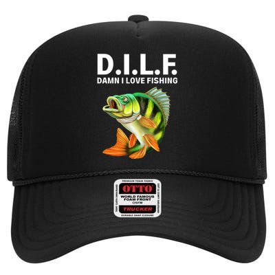 D.I.L.F. Damn I Love Fishing, Fishing Shirt High Crown Mesh Back Trucker Hat