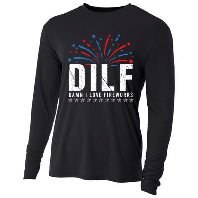 DILF Damn I Love Fireworks Funny Fourth Of July 4th Of July Cooling Performance Long Sleeve Crew