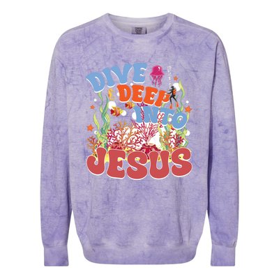 Dive Deep Into Jesus Scuba Vbs 2024 Christian Camp Gift Colorblast Crewneck Sweatshirt