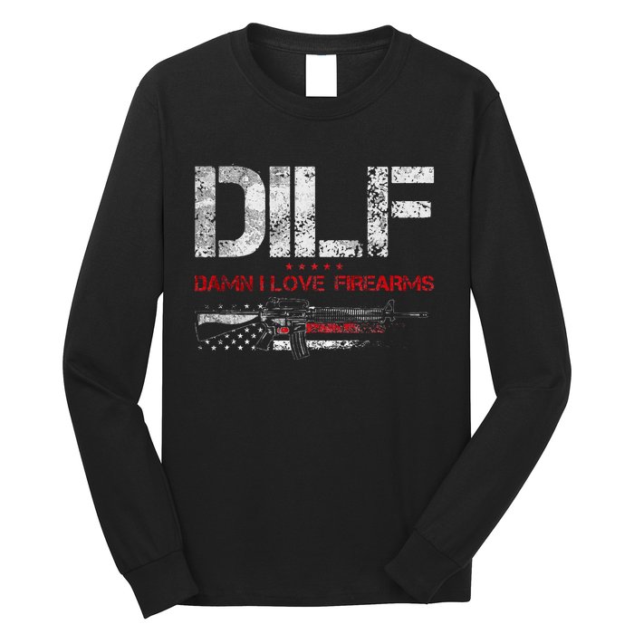 DILF Damn I Love Firearms Vintage Gun American Flag Long Sleeve Shirt