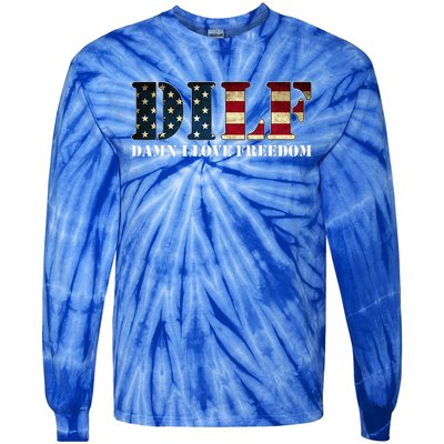 Dilf Damn I Love Freedom Funny Patriotic Usa Flag Tie-Dye Long Sleeve Shirt