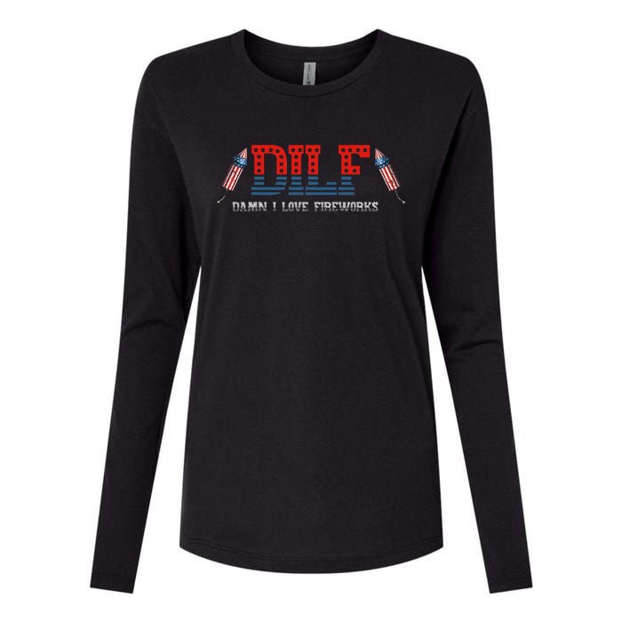 DILF Damn I Love Fireworks Funny July 4th American Patriotic Womens Cotton Relaxed Long Sleeve T-Shirt