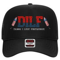 DILF Damn I Love Fireworks Funny July 4th American Patriotic High Crown Mesh Back Trucker Hat