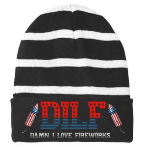 DILF Damn I Love Fireworks Funny July 4th American Patriotic Striped Beanie with Solid Band