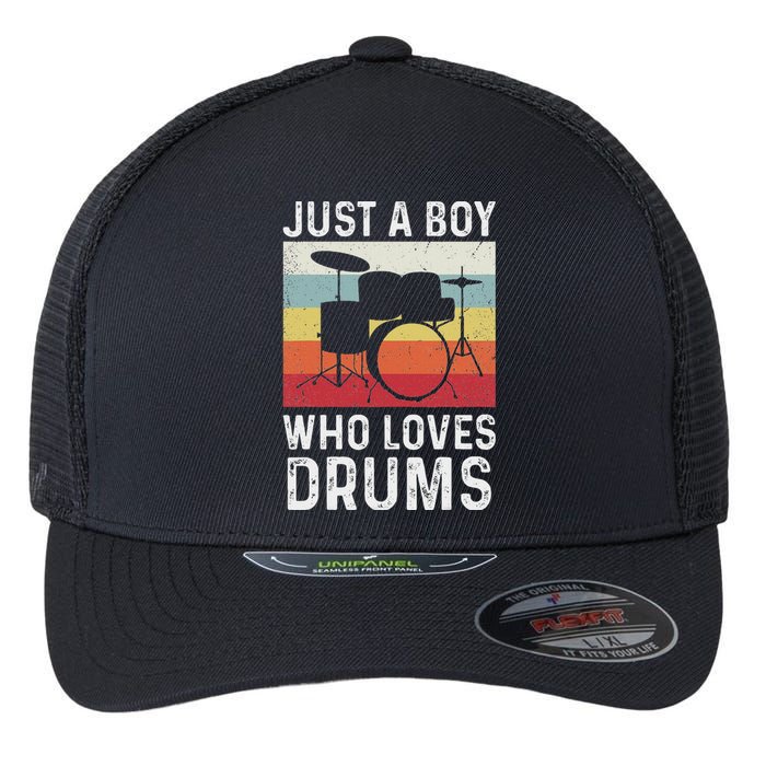 Drummer Drum Just A Boy Who Loves Drums Kit Drumming Flexfit Unipanel Trucker Cap