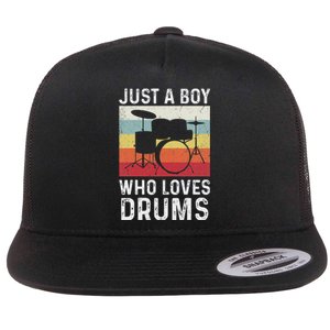 Drummer Drum Just A Boy Who Loves Drums Kit Drumming Flat Bill Trucker Hat