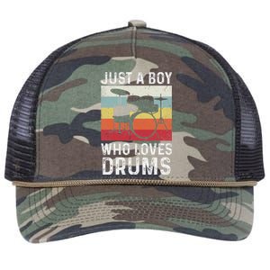 Drummer Drum Just A Boy Who Loves Drums Kit Drumming Retro Rope Trucker Hat Cap