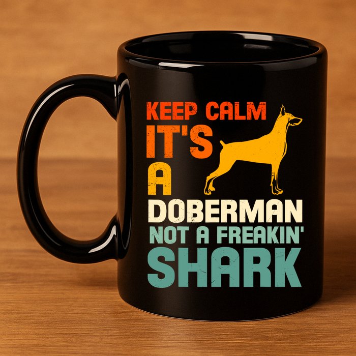 Doberman Dog Keep Calm ItS A Doberman Not A Shark 11oz C Handle Ceramic Mug