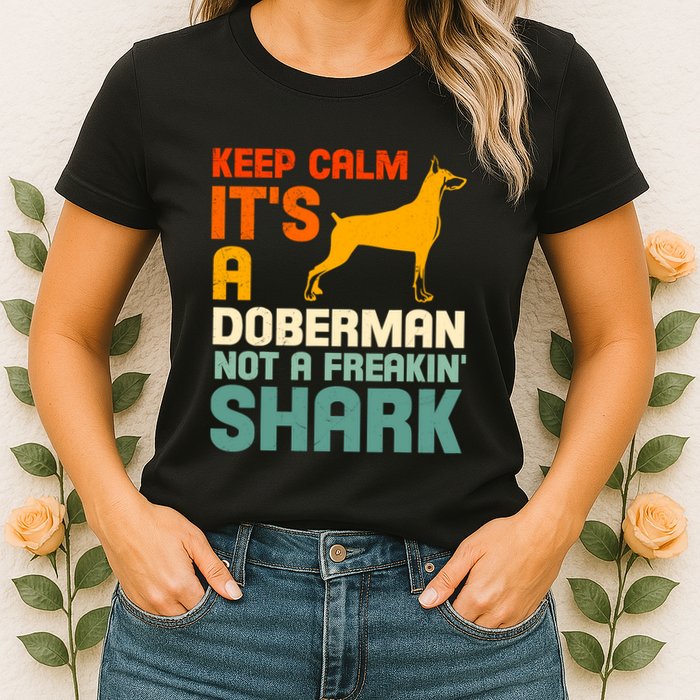 Doberman Dog Keep Calm ItS A Doberman Not A Shark Womens T-Shirt