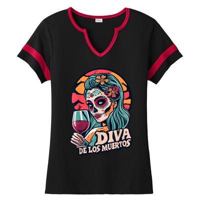 Diva De Los Muertos Skeleton Halloween Party Ladies Halftime Notch Neck Tee