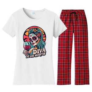 Diva De Los Muertos Skeleton Halloween Party Women's Flannel Pajama Set