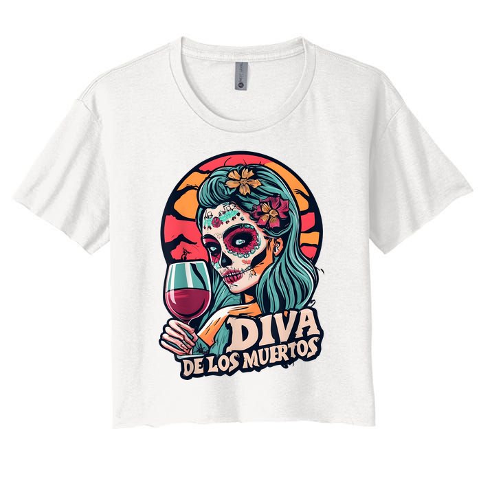 Diva De Los Muertos Skeleton Halloween Party Women's Crop Top Tee