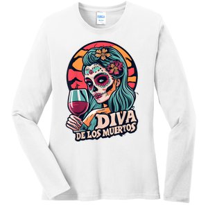 Diva De Los Muertos Skeleton Halloween Party Ladies Long Sleeve Shirt