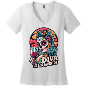 Diva De Los Muertos Skeleton Halloween Party Women's V-Neck T-Shirt