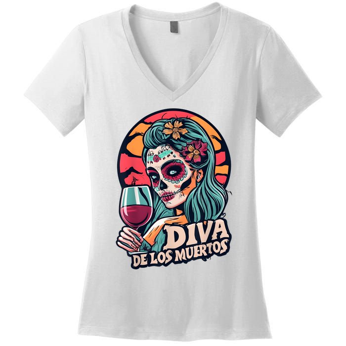 Diva De Los Muertos Skeleton Halloween Party Women's V-Neck T-Shirt