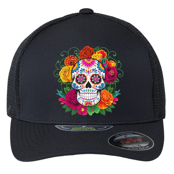 Dia De Los Muertos Costume Day Of The Dead Sugar Skull Flexfit Unipanel Trucker Cap