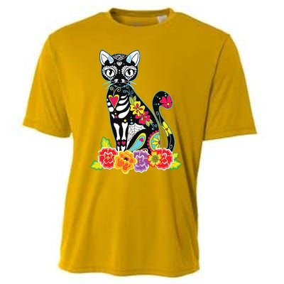 Dia De Los Muertos Cat Day Of The Dead Funny Halloween Cooling Performance Crew T-Shirt