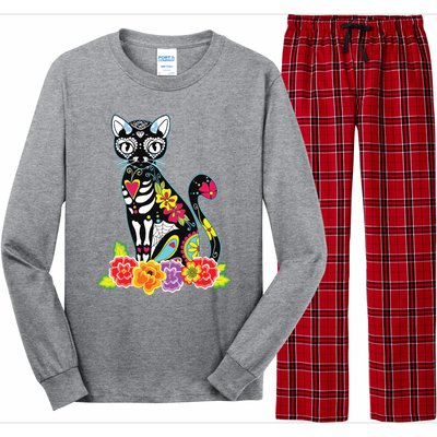 Dia De Los Muertos Cat Day Of The Dead Funny Halloween Long Sleeve Pajama Set