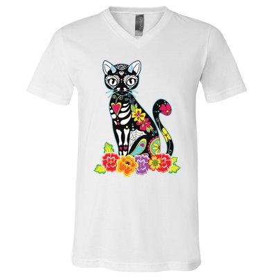 Dia De Los Muertos Cat Day Of The Dead Funny Halloween V-Neck T-Shirt